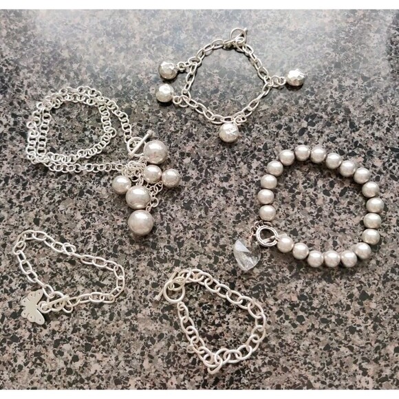 Bracelet Lot Of 5 Pieces Silver Tone Beaded Charms Chain Butterfly - Picture 2 of 8